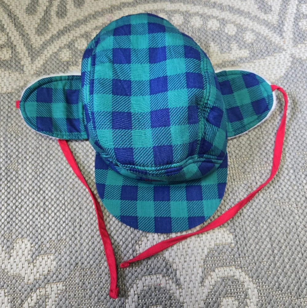 Vintage 1990s Gymboree Teal, Blue and Red Checkered Hat With Ear Flaps
